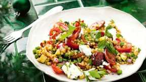 Pearl couscous with chorizo and zucchini with cranberry chutney and mixed lettuce