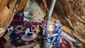 Cooking a simple but hearty meal with fresh sheep's milk in a stone hut in the forest
